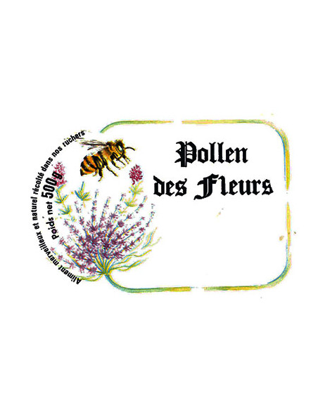 ETIQUETTE FLEUR ABEILLE POLLEN 500G 90X 60  /100